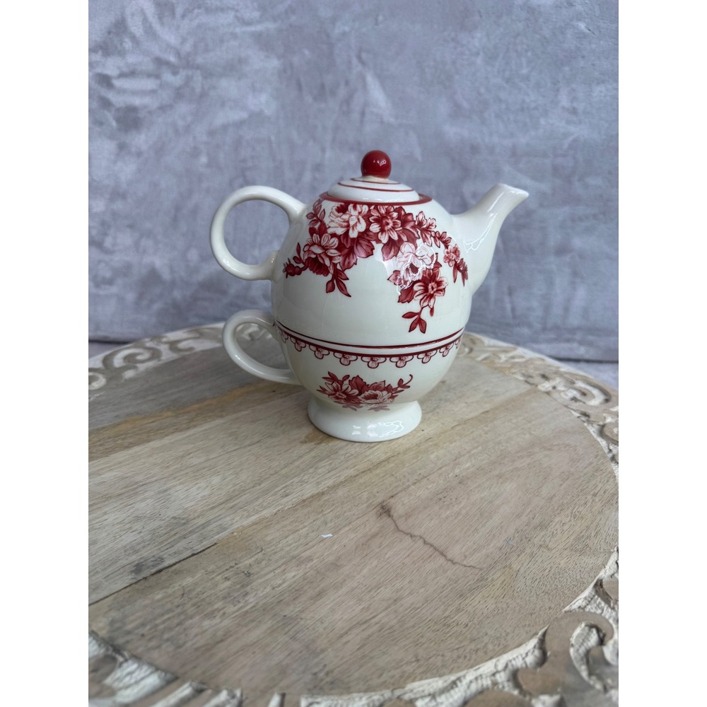 Cracker Barrel Red Floral Toile Ceramic Tea for One Stackable Teapot and Cup Set